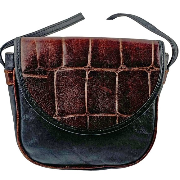 Vintage Les Copains Black and Brown‎ Embossed Leather Small Crossbody Bag - Picture 3 of 7